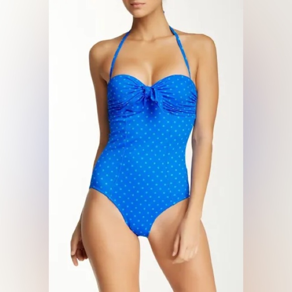 Spanx Blue Polka Dot Halter Strapless Shaping One Piece Swimsuit‎ Size 16 NWT